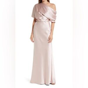 AMSALE Draped Off the Shoulder Mother of the Bride Wedding Guest Satin Gown Sz 0
